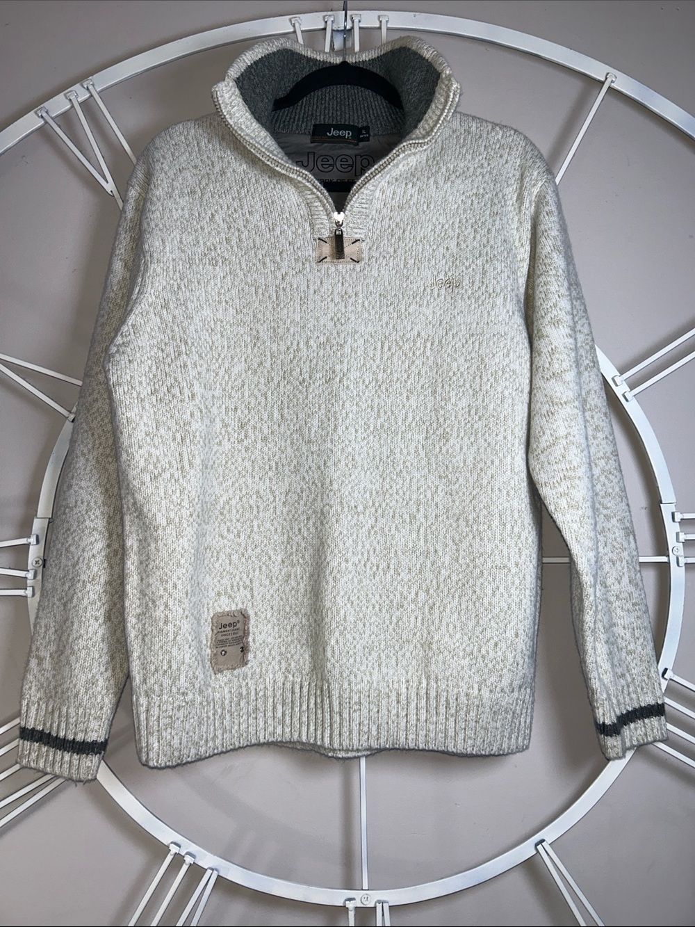 Jeep 100% Wool Men's Cream Zip-Neck Knit Pullover with Contrast Trim